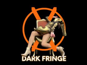 Artistic pose of a person leaning back on a chair in a shiny gold outfit over Dark Fringe logo