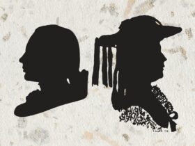 two silhouettes of a man and woman in regency English attire