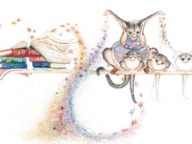 Illustration of a possum in an apron sprinkling magic over a small possum who is becoming invisible