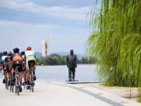 Group of cyclists going past the R G Menzies statue on the Lake Burley Griffin foreshore