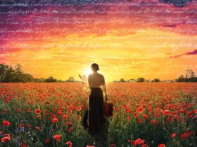 A woman with her back turned walks toward the sun while reading a book in a poppy field